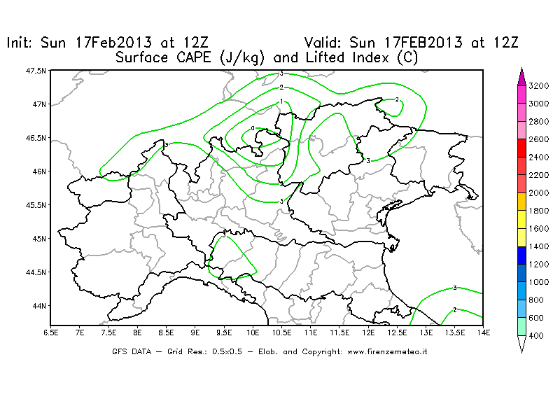 Mappa di analisi GFS - CAPE [J/kg] e Lifted Index [°C] in Nord-Italia
							del 17/02/2013 12 <!--googleoff: index-->UTC<!--googleon: index-->