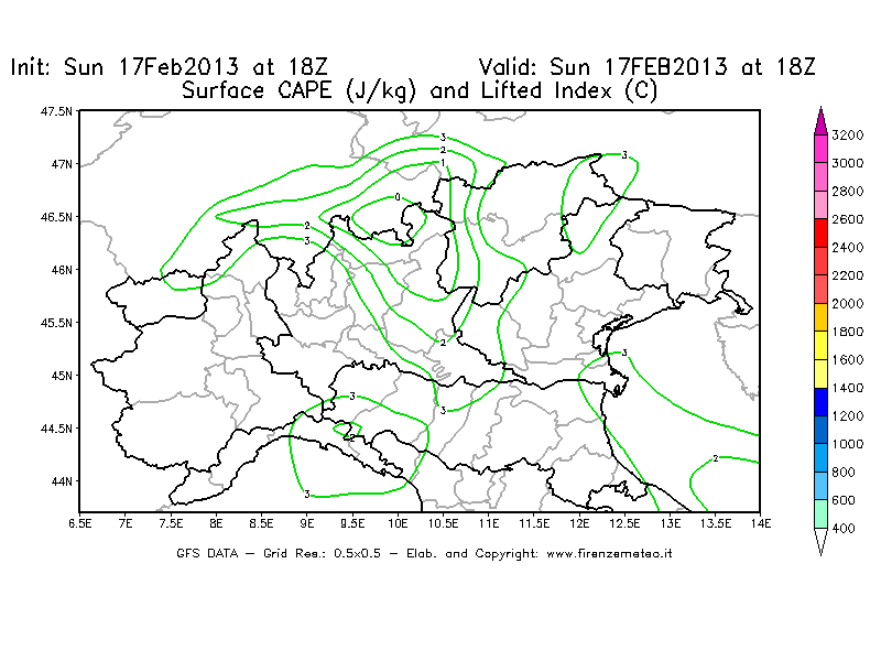 Mappa di analisi GFS - CAPE [J/kg] e Lifted Index [°C] in Nord-Italia
							del 17/02/2013 18 <!--googleoff: index-->UTC<!--googleon: index-->