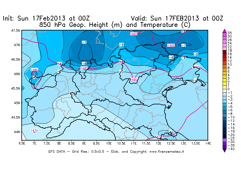 Mappa di analisi GFS - Geopotenziale [m] e Temperatura [°C] a 850 hPa in Nord-Italia
							del 17/02/2013 00 <!--googleoff: index-->UTC<!--googleon: index-->