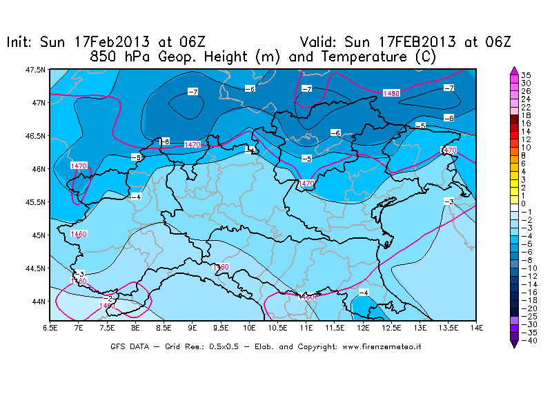 Mappa di analisi GFS - Geopotenziale [m] e Temperatura [°C] a 850 hPa in Nord-Italia
							del 17/02/2013 06 <!--googleoff: index-->UTC<!--googleon: index-->