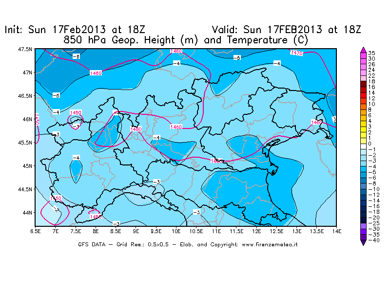 Mappa di analisi GFS - Geopotenziale [m] e Temperatura [°C] a 850 hPa in Nord-Italia
							del 17/02/2013 18 <!--googleoff: index-->UTC<!--googleon: index-->