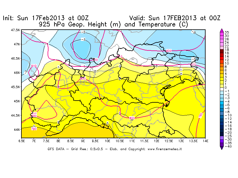 Mappa di analisi GFS - Geopotenziale [m] e Temperatura [°C] a 925 hPa in Nord-Italia
							del 17/02/2013 00 <!--googleoff: index-->UTC<!--googleon: index-->