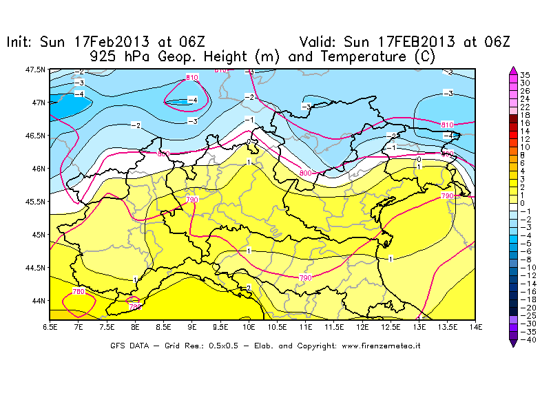 Mappa di analisi GFS - Geopotenziale [m] e Temperatura [°C] a 925 hPa in Nord-Italia
							del 17/02/2013 06 <!--googleoff: index-->UTC<!--googleon: index-->