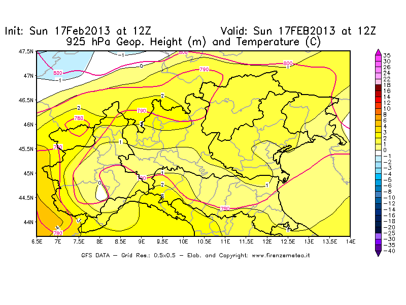 Mappa di analisi GFS - Geopotenziale [m] e Temperatura [°C] a 925 hPa in Nord-Italia
							del 17/02/2013 12 <!--googleoff: index-->UTC<!--googleon: index-->