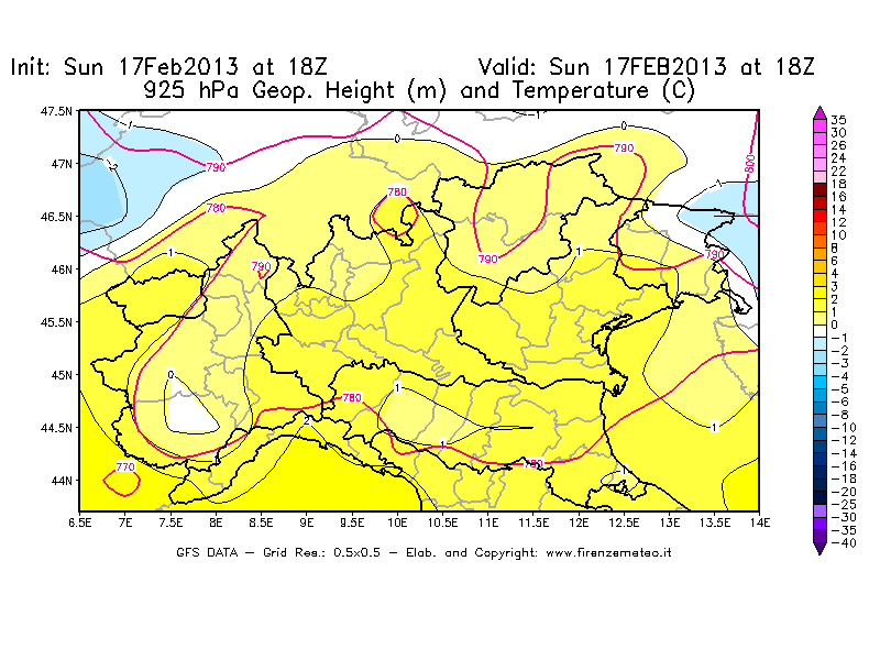 Mappa di analisi GFS - Geopotenziale [m] e Temperatura [°C] a 925 hPa in Nord-Italia
							del 17/02/2013 18 <!--googleoff: index-->UTC<!--googleon: index-->