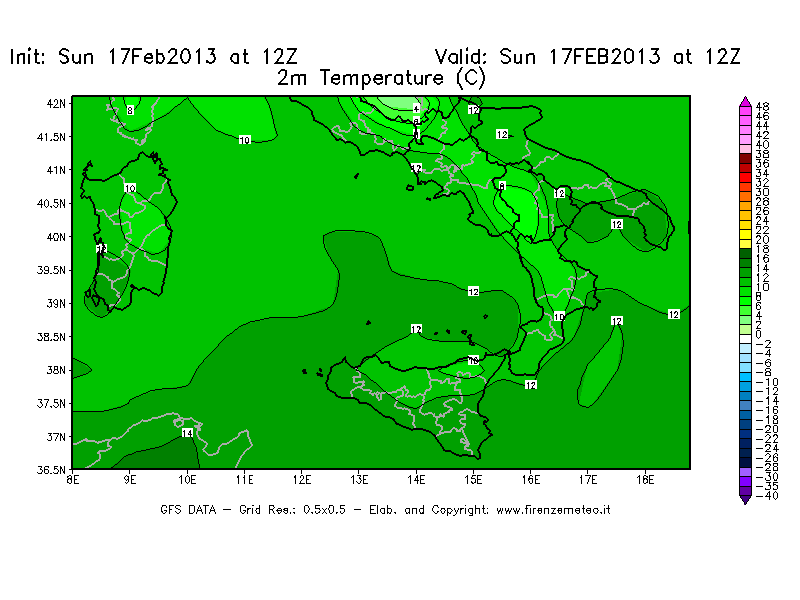 Mappa di analisi GFS - Temperatura a 2 metri dal suolo [°C] in Sud-Italia
							del 17/02/2013 12 <!--googleoff: index-->UTC<!--googleon: index-->