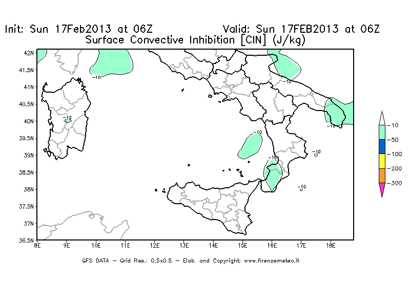 Mappa di analisi GFS - CIN [J/kg] in Sud-Italia
							del 17/02/2013 06 <!--googleoff: index-->UTC<!--googleon: index-->