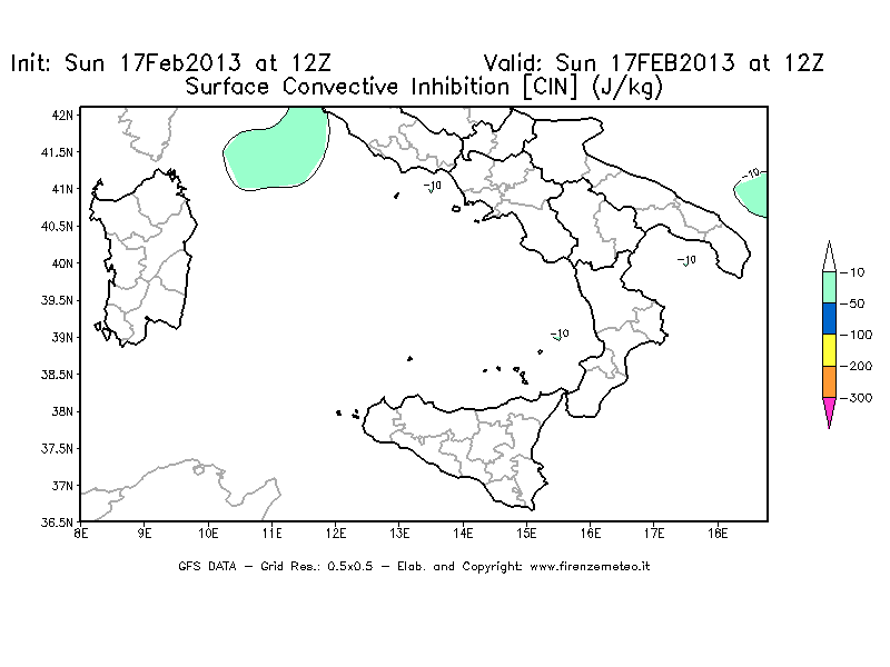 Mappa di analisi GFS - CIN [J/kg] in Sud-Italia
							del 17/02/2013 12 <!--googleoff: index-->UTC<!--googleon: index-->