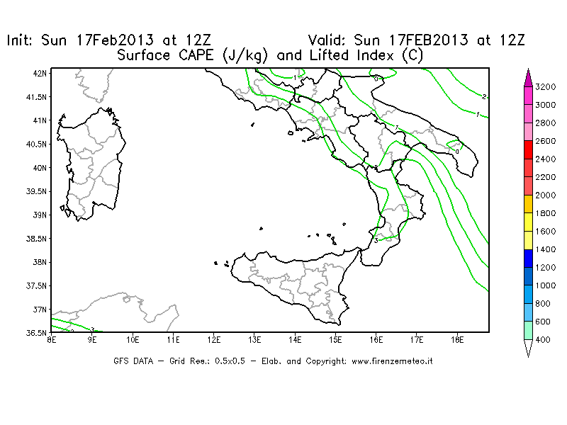 Mappa di analisi GFS - CAPE [J/kg] e Lifted Index [°C] in Sud-Italia
							del 17/02/2013 12 <!--googleoff: index-->UTC<!--googleon: index-->