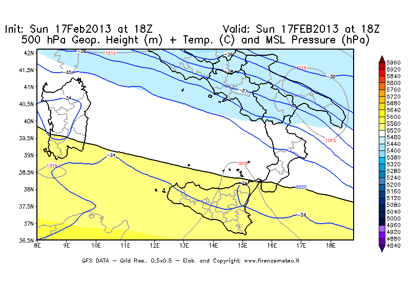 Mappa di analisi GFS - Geopotenziale [m] + Temp. [°C] a 500 hPa + Press. a livello del mare [hPa] in Sud-Italia
							del 17/02/2013 18 <!--googleoff: index-->UTC<!--googleon: index-->