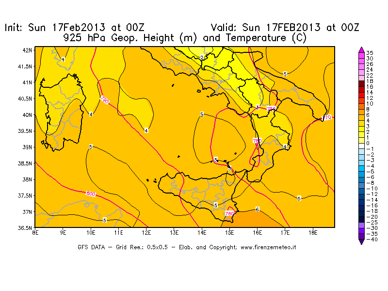 Mappa di analisi GFS - Geopotenziale [m] e Temperatura [°C] a 925 hPa in Sud-Italia
							del 17/02/2013 00 <!--googleoff: index-->UTC<!--googleon: index-->