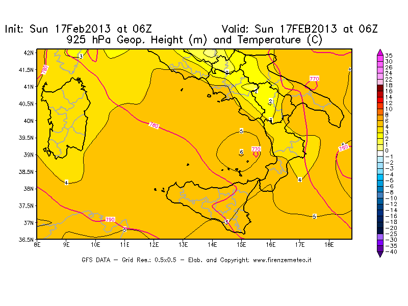 Mappa di analisi GFS - Geopotenziale [m] e Temperatura [°C] a 925 hPa in Sud-Italia
							del 17/02/2013 06 <!--googleoff: index-->UTC<!--googleon: index-->
