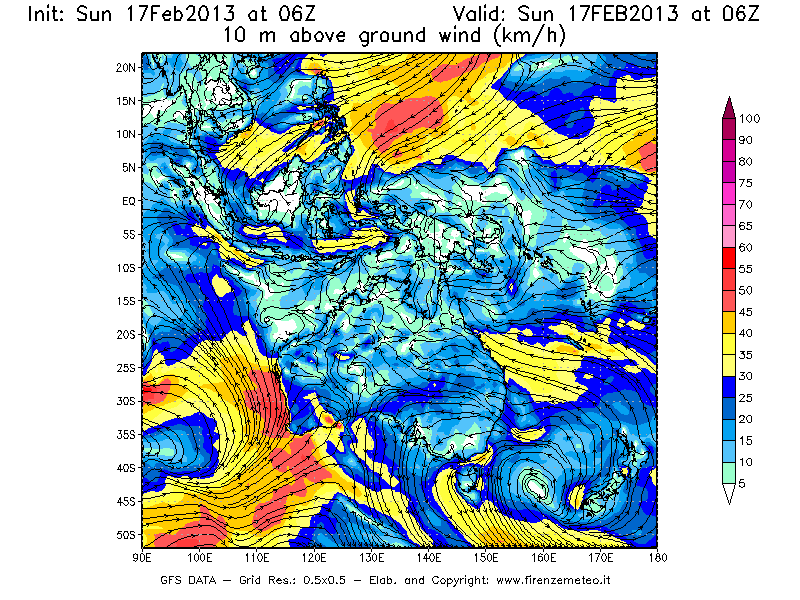 Mappa di analisi GFS - Velocità del vento a 10 metri dal suolo [km/h] in Oceania
							del 17/02/2013 06 <!--googleoff: index-->UTC<!--googleon: index-->