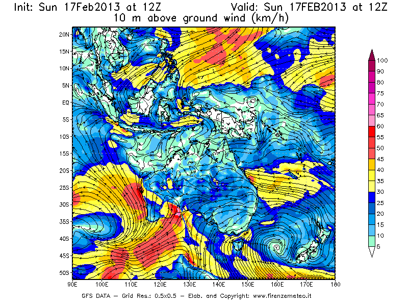Mappa di analisi GFS - Velocità del vento a 10 metri dal suolo [km/h] in Oceania
							del 17/02/2013 12 <!--googleoff: index-->UTC<!--googleon: index-->