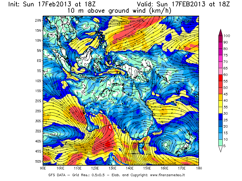 Mappa di analisi GFS - Velocità del vento a 10 metri dal suolo [km/h] in Oceania
							del 17/02/2013 18 <!--googleoff: index-->UTC<!--googleon: index-->
