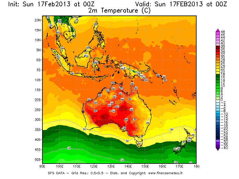 Mappa di analisi GFS - Temperatura a 2 metri dal suolo [°C] in Oceania
							del 17/02/2013 00 <!--googleoff: index-->UTC<!--googleon: index-->