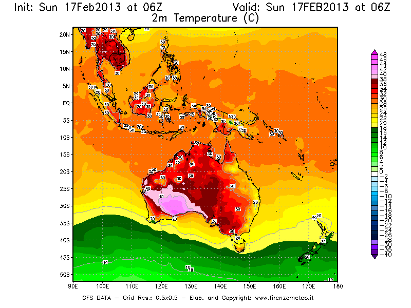 Mappa di analisi GFS - Temperatura a 2 metri dal suolo [°C] in Oceania
							del 17/02/2013 06 <!--googleoff: index-->UTC<!--googleon: index-->