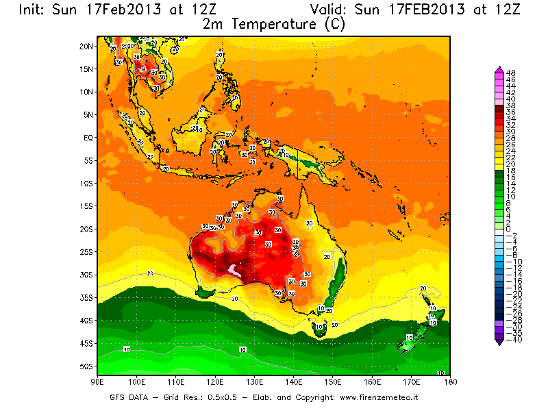 Mappa di analisi GFS - Temperatura a 2 metri dal suolo [°C] in Oceania
							del 17/02/2013 12 <!--googleoff: index-->UTC<!--googleon: index-->