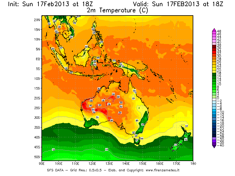 Mappa di analisi GFS - Temperatura a 2 metri dal suolo [°C] in Oceania
							del 17/02/2013 18 <!--googleoff: index-->UTC<!--googleon: index-->