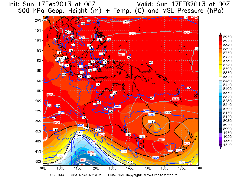 Mappa di analisi GFS - Geopotenziale [m] + Temp. [°C] a 500 hPa + Press. a livello del mare [hPa] in Oceania
							del 17/02/2013 00 <!--googleoff: index-->UTC<!--googleon: index-->
