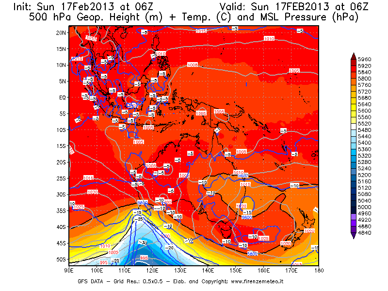 Mappa di analisi GFS - Geopotenziale [m] + Temp. [°C] a 500 hPa + Press. a livello del mare [hPa] in Oceania
							del 17/02/2013 06 <!--googleoff: index-->UTC<!--googleon: index-->