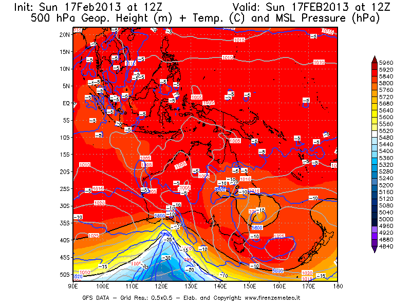 Mappa di analisi GFS - Geopotenziale [m] + Temp. [°C] a 500 hPa + Press. a livello del mare [hPa] in Oceania
							del 17/02/2013 12 <!--googleoff: index-->UTC<!--googleon: index-->