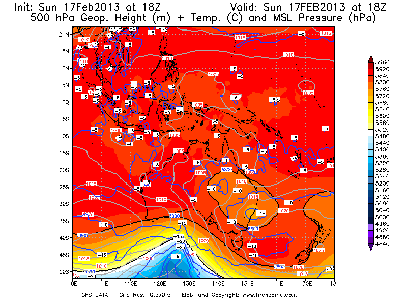 Mappa di analisi GFS - Geopotenziale [m] + Temp. [°C] a 500 hPa + Press. a livello del mare [hPa] in Oceania
							del 17/02/2013 18 <!--googleoff: index-->UTC<!--googleon: index-->