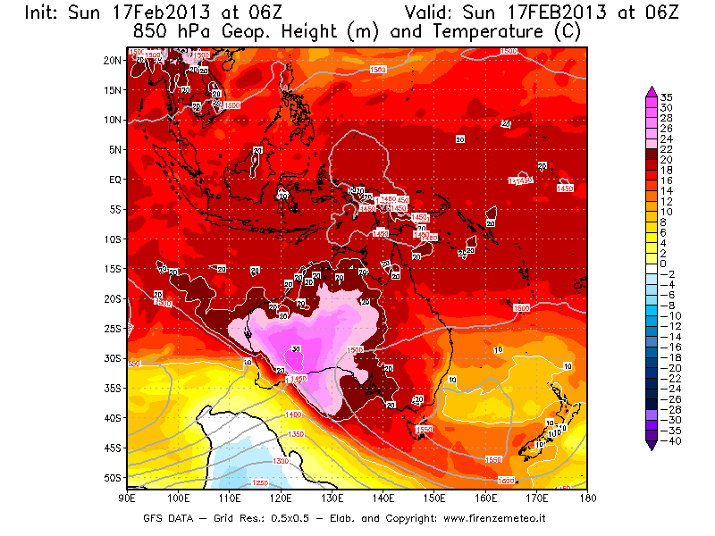 Mappa di analisi GFS - Geopotenziale [m] e Temperatura [°C] a 850 hPa in Oceania
							del 17/02/2013 06 <!--googleoff: index-->UTC<!--googleon: index-->