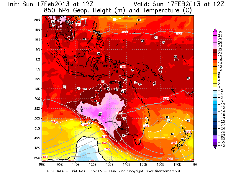 Mappa di analisi GFS - Geopotenziale [m] e Temperatura [°C] a 850 hPa in Oceania
							del 17/02/2013 12 <!--googleoff: index-->UTC<!--googleon: index-->