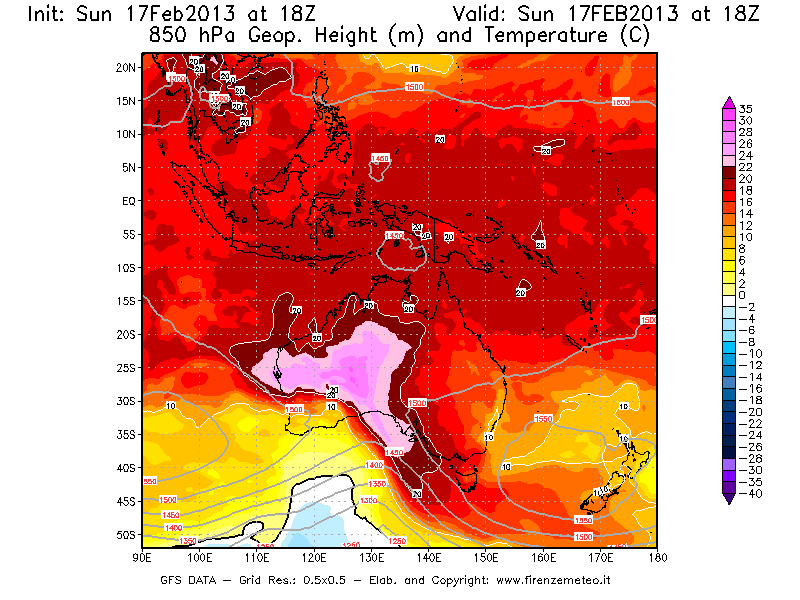 Mappa di analisi GFS - Geopotenziale [m] e Temperatura [°C] a 850 hPa in Oceania
							del 17/02/2013 18 <!--googleoff: index-->UTC<!--googleon: index-->