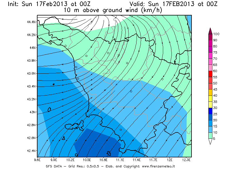Mappa di analisi GFS - Velocità del vento a 10 metri dal suolo [km/h] in Toscana
							del 17/02/2013 00 <!--googleoff: index-->UTC<!--googleon: index-->