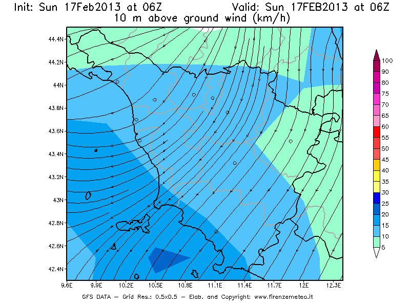 Mappa di analisi GFS - Velocità del vento a 10 metri dal suolo [km/h] in Toscana
							del 17/02/2013 06 <!--googleoff: index-->UTC<!--googleon: index-->