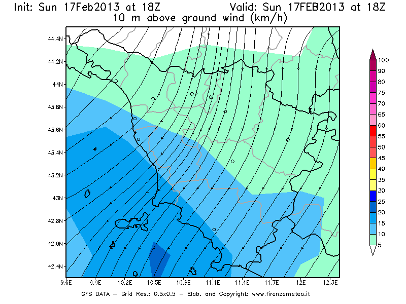 Mappa di analisi GFS - Velocità del vento a 10 metri dal suolo [km/h] in Toscana
							del 17/02/2013 18 <!--googleoff: index-->UTC<!--googleon: index-->