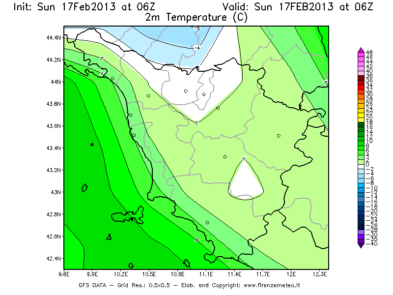 Mappa di analisi GFS - Temperatura a 2 metri dal suolo [°C] in Toscana
							del 17/02/2013 06 <!--googleoff: index-->UTC<!--googleon: index-->