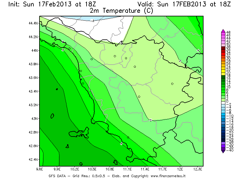 Mappa di analisi GFS - Temperatura a 2 metri dal suolo [°C] in Toscana
							del 17/02/2013 18 <!--googleoff: index-->UTC<!--googleon: index-->