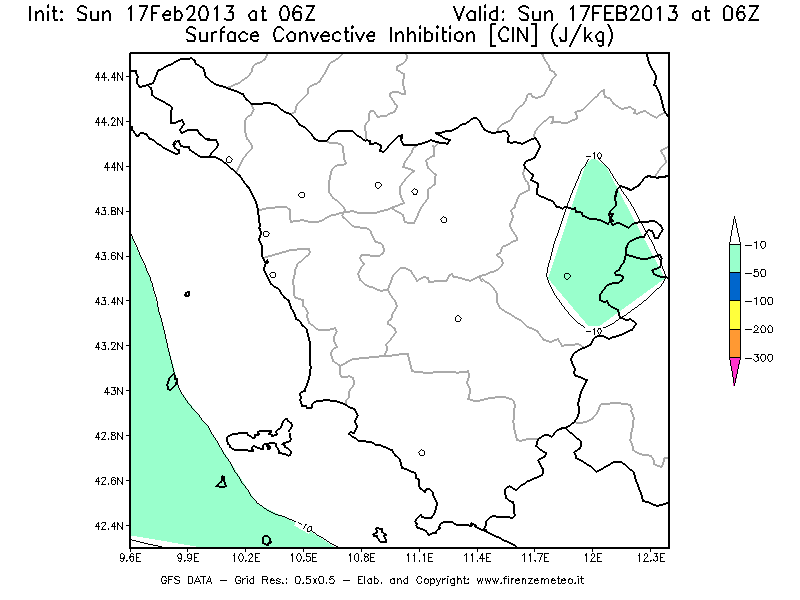Mappa di analisi GFS - CIN [J/kg] in Toscana
							del 17/02/2013 06 <!--googleoff: index-->UTC<!--googleon: index-->