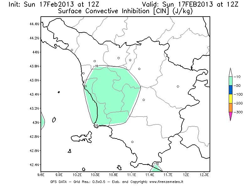 Mappa di analisi GFS - CIN [J/kg] in Toscana
							del 17/02/2013 12 <!--googleoff: index-->UTC<!--googleon: index-->