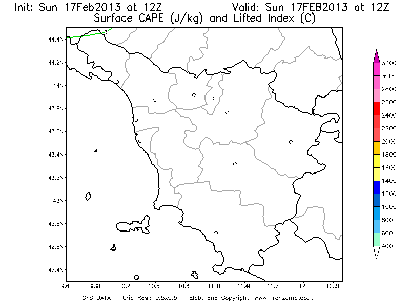Mappa di analisi GFS - CAPE [J/kg] e Lifted Index [°C] in Toscana
							del 17/02/2013 12 <!--googleoff: index-->UTC<!--googleon: index-->