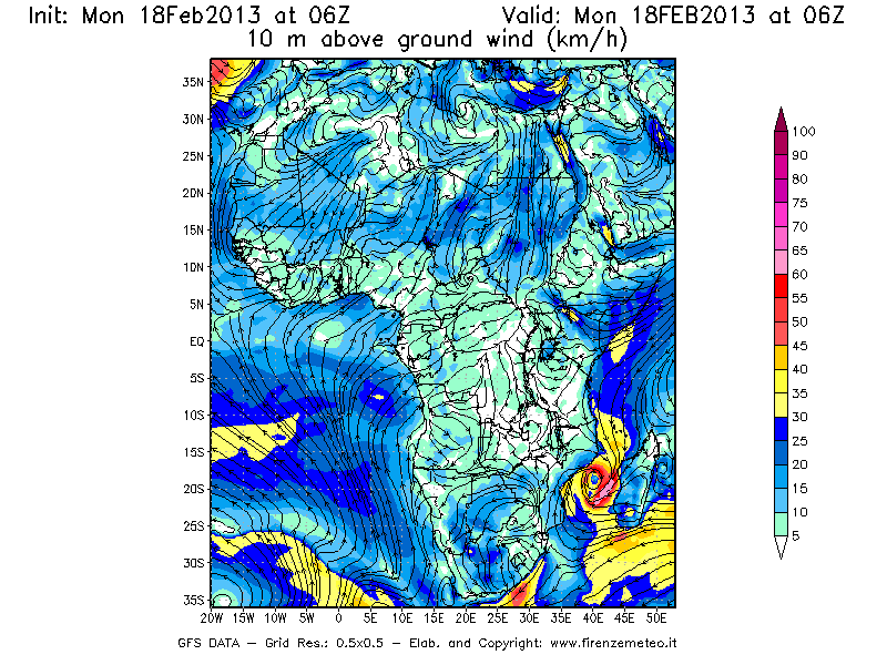 Mappa di analisi GFS - Velocità del vento a 10 metri dal suolo [km/h] in Africa
							del 18/02/2013 06 <!--googleoff: index-->UTC<!--googleon: index-->