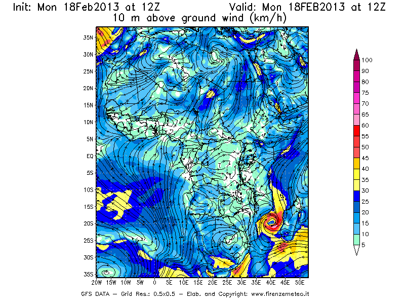 Mappa di analisi GFS - Velocità del vento a 10 metri dal suolo [km/h] in Africa
							del 18/02/2013 12 <!--googleoff: index-->UTC<!--googleon: index-->