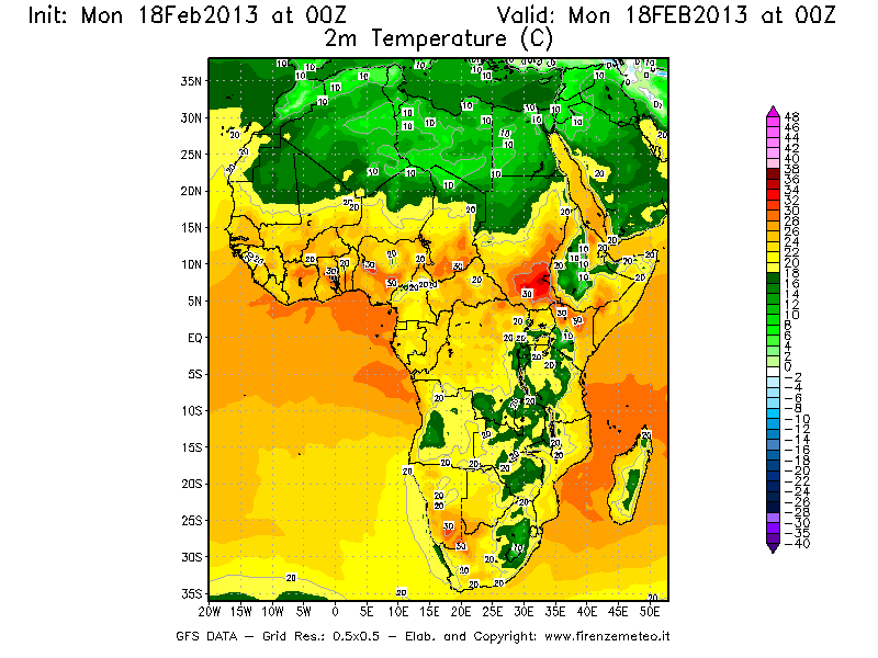 Mappa di analisi GFS - Temperatura a 2 metri dal suolo [°C] in Africa
							del 18/02/2013 00 <!--googleoff: index-->UTC<!--googleon: index-->