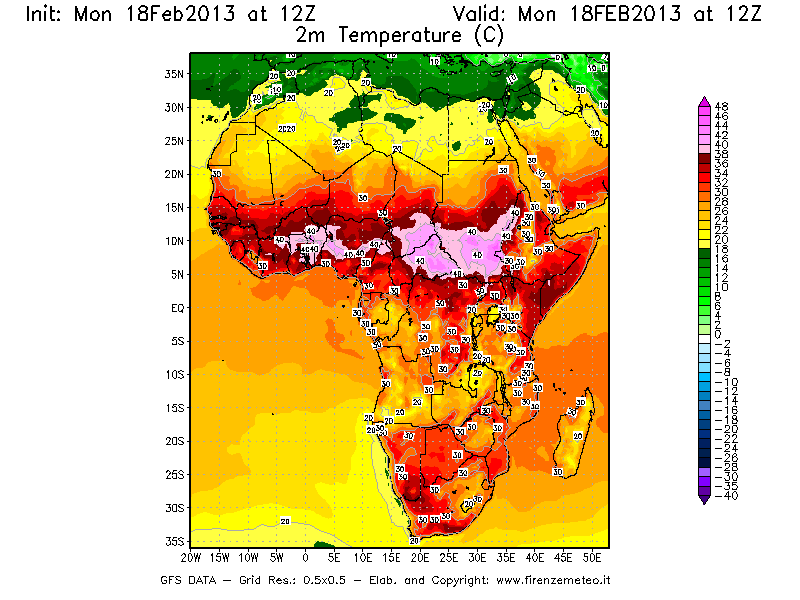 Mappa di analisi GFS - Temperatura a 2 metri dal suolo [°C] in Africa
							del 18/02/2013 12 <!--googleoff: index-->UTC<!--googleon: index-->