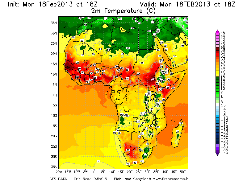 Mappa di analisi GFS - Temperatura a 2 metri dal suolo [°C] in Africa
							del 18/02/2013 18 <!--googleoff: index-->UTC<!--googleon: index-->