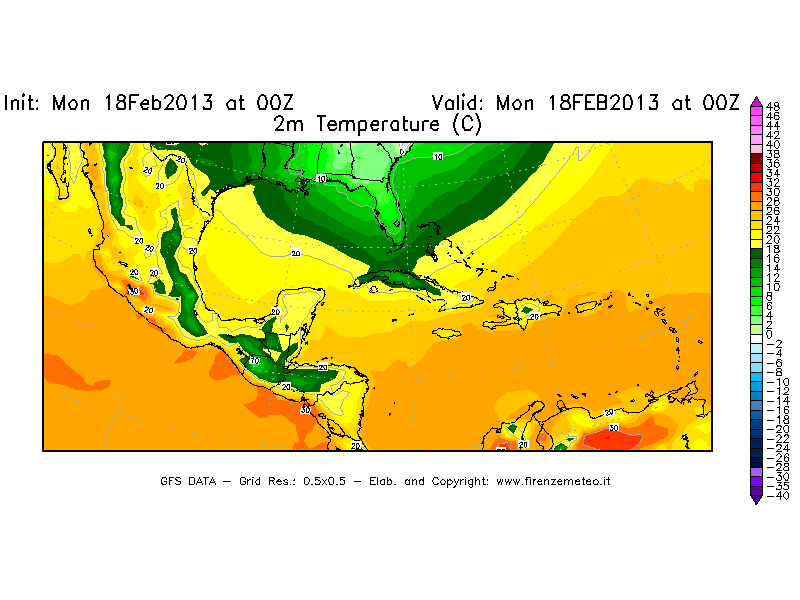 Mappa di analisi GFS - Temperatura a 2 metri dal suolo [°C] in Centro-America
							del 18/02/2013 00 <!--googleoff: index-->UTC<!--googleon: index-->