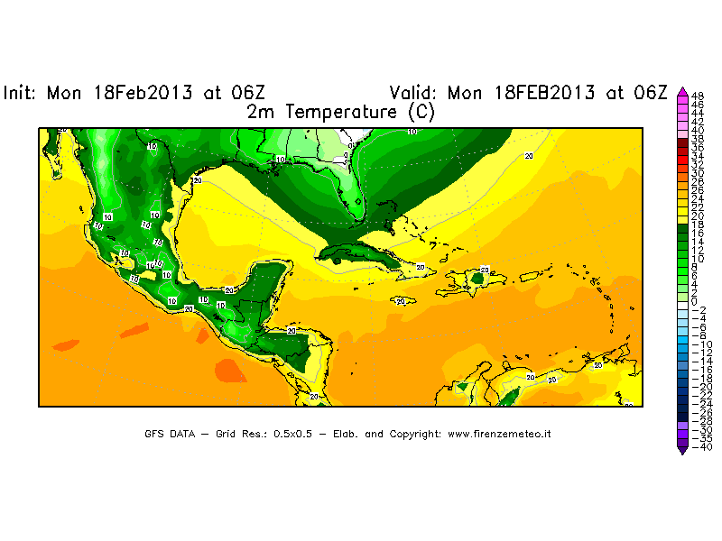 Mappa di analisi GFS - Temperatura a 2 metri dal suolo [°C] in Centro-America
							del 18/02/2013 06 <!--googleoff: index-->UTC<!--googleon: index-->