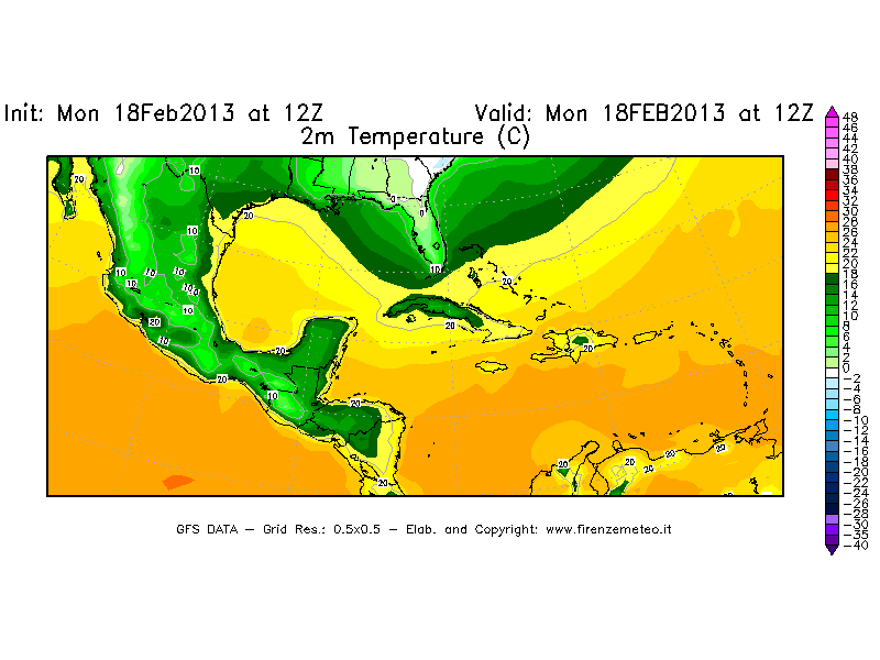 Mappa di analisi GFS - Temperatura a 2 metri dal suolo [°C] in Centro-America
							del 18/02/2013 12 <!--googleoff: index-->UTC<!--googleon: index-->