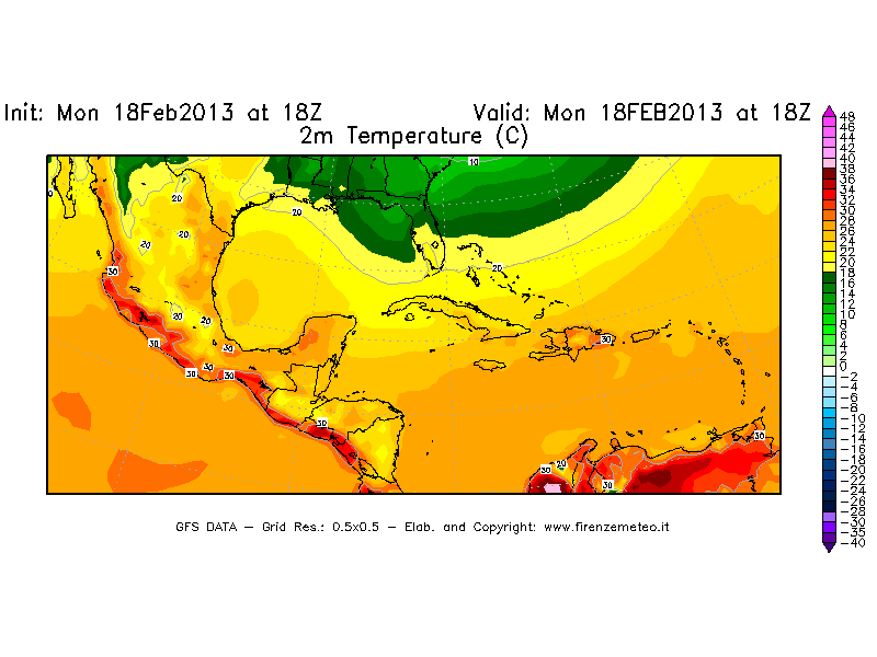 Mappa di analisi GFS - Temperatura a 2 metri dal suolo [°C] in Centro-America
							del 18/02/2013 18 <!--googleoff: index-->UTC<!--googleon: index-->