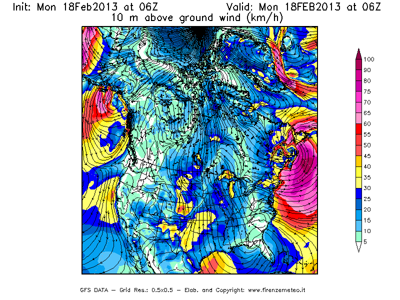 Mappa di analisi GFS - Velocità del vento a 10 metri dal suolo [km/h] in Nord-America
							del 18/02/2013 06 <!--googleoff: index-->UTC<!--googleon: index-->