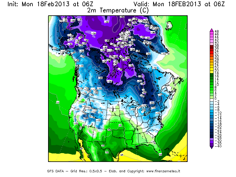 Mappa di analisi GFS - Temperatura a 2 metri dal suolo [°C] in Nord-America
							del 18/02/2013 06 <!--googleoff: index-->UTC<!--googleon: index-->