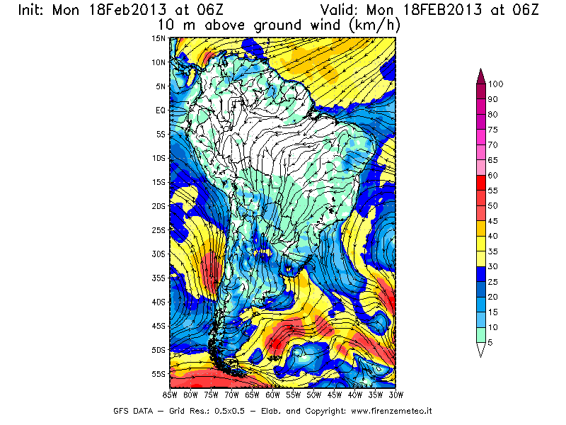Mappa di analisi GFS - Velocità del vento a 10 metri dal suolo [km/h] in Sud-America
							del 18/02/2013 06 <!--googleoff: index-->UTC<!--googleon: index-->